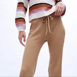 Beige Ribbed Knit Lounge Drawstring Sweatpants